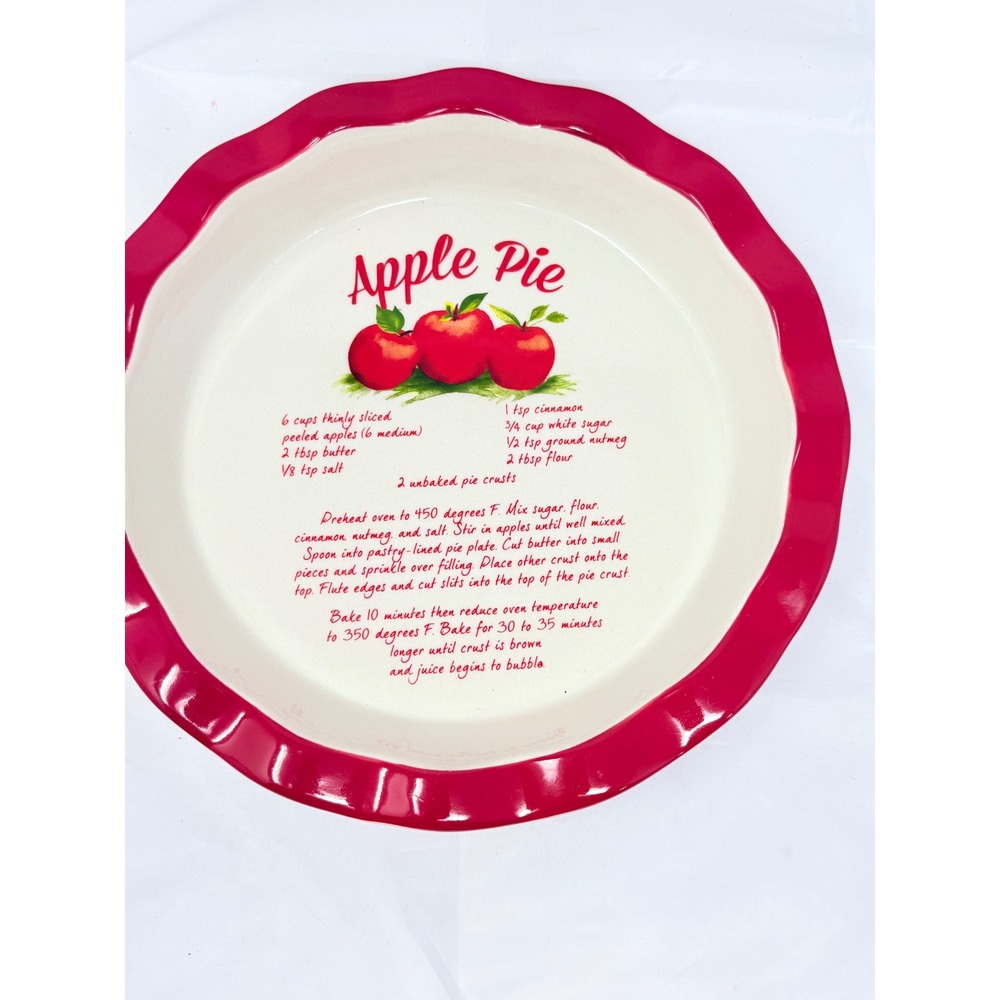 Vtg 1980s DEI Apple Pie Recipe Plate Ceramic Baking Dish Red Scalloped Rim 11"